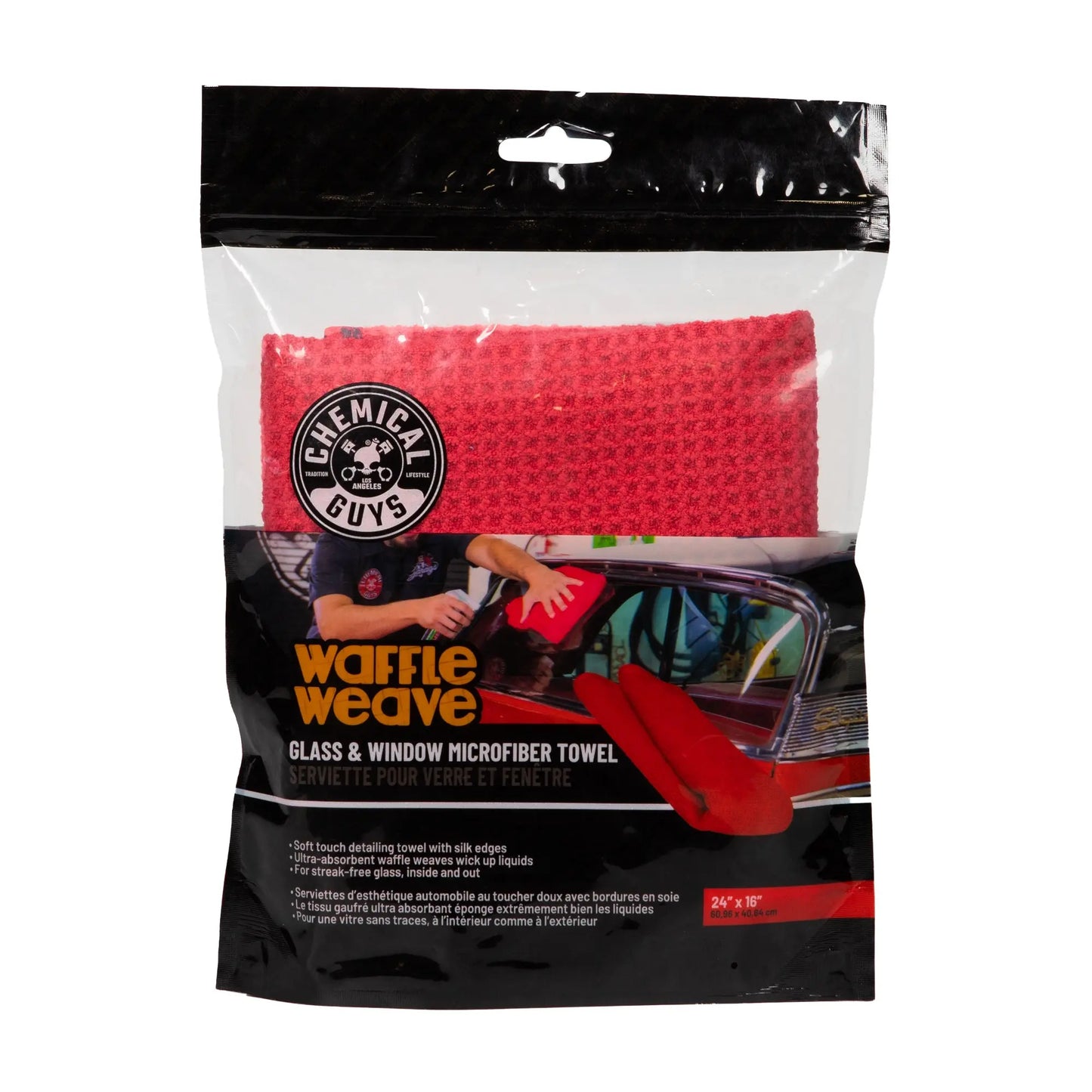 Waffle Weave Glass and Window Microfiber Towel, Red 24" X 16" - Chemical Guys